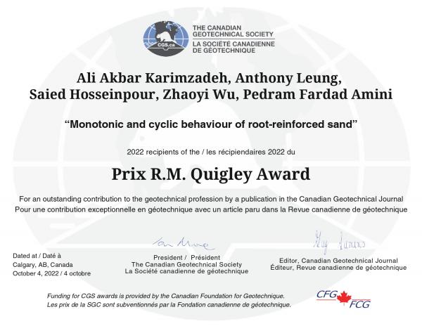 2022 RM Quigley Award Certificate