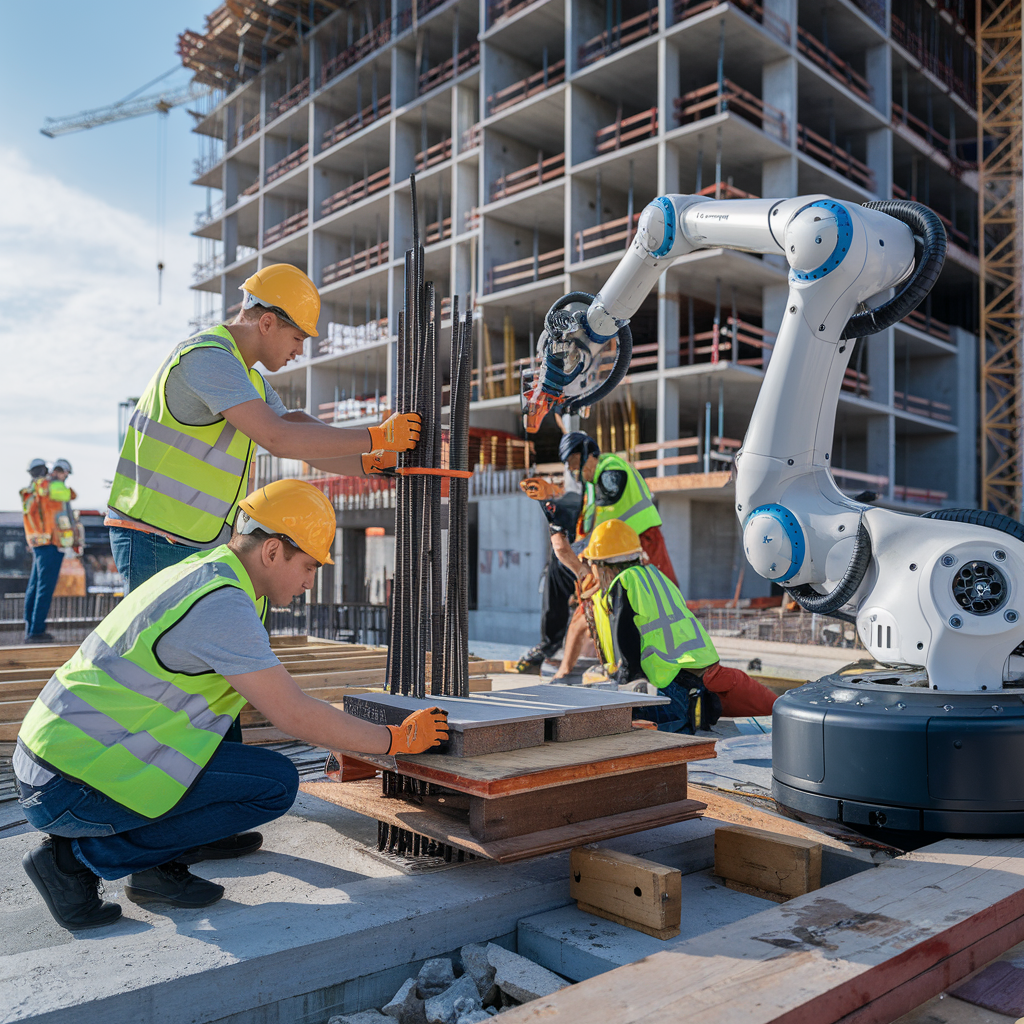 Construction personnel collaborating with robots on a construction site