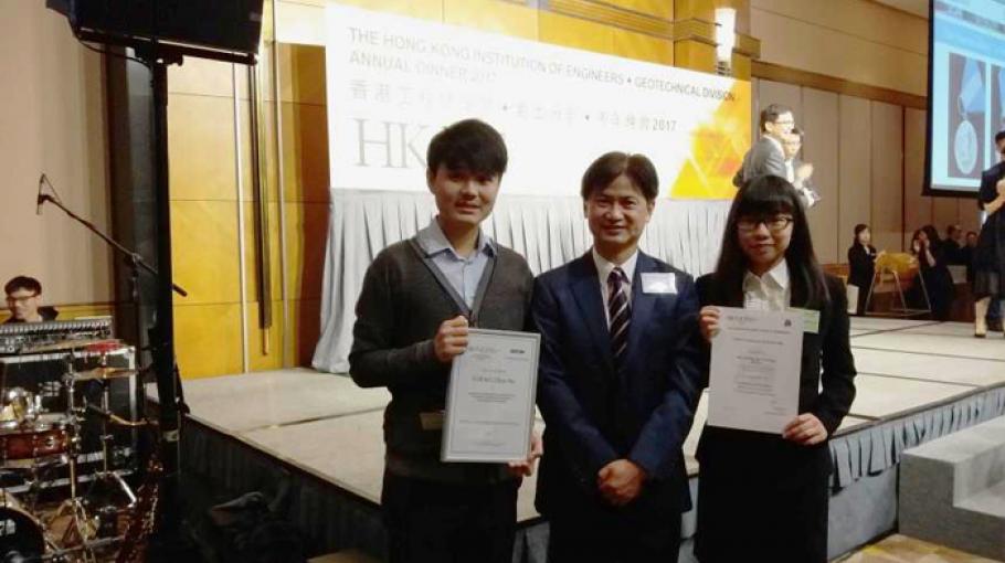 Chun Ho Cheng (left), Prof Charles Ng (middle) and Annie Yan Yan Wong (right) at the HKIE Geotechnical Division awards ceremony on March 10, 2017.