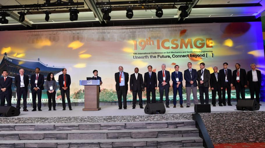 ISSMGE President Prof. Ng introducing new board members and addressing the audience at the closing ceremony of the 19th ICSMGE