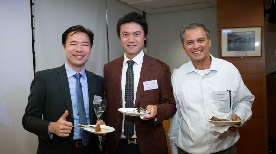 Prof. Tsang (center) sharing a light moment with Prof. Kaimin Shih (left) of the University of Hong Kong and Prof. Eakalak Khan (right), visiting professor at the Department from the University of Nevada, Las Vegas during the reception — highlighting the strong ties and global collaboration among leading researchers in environmental engineering