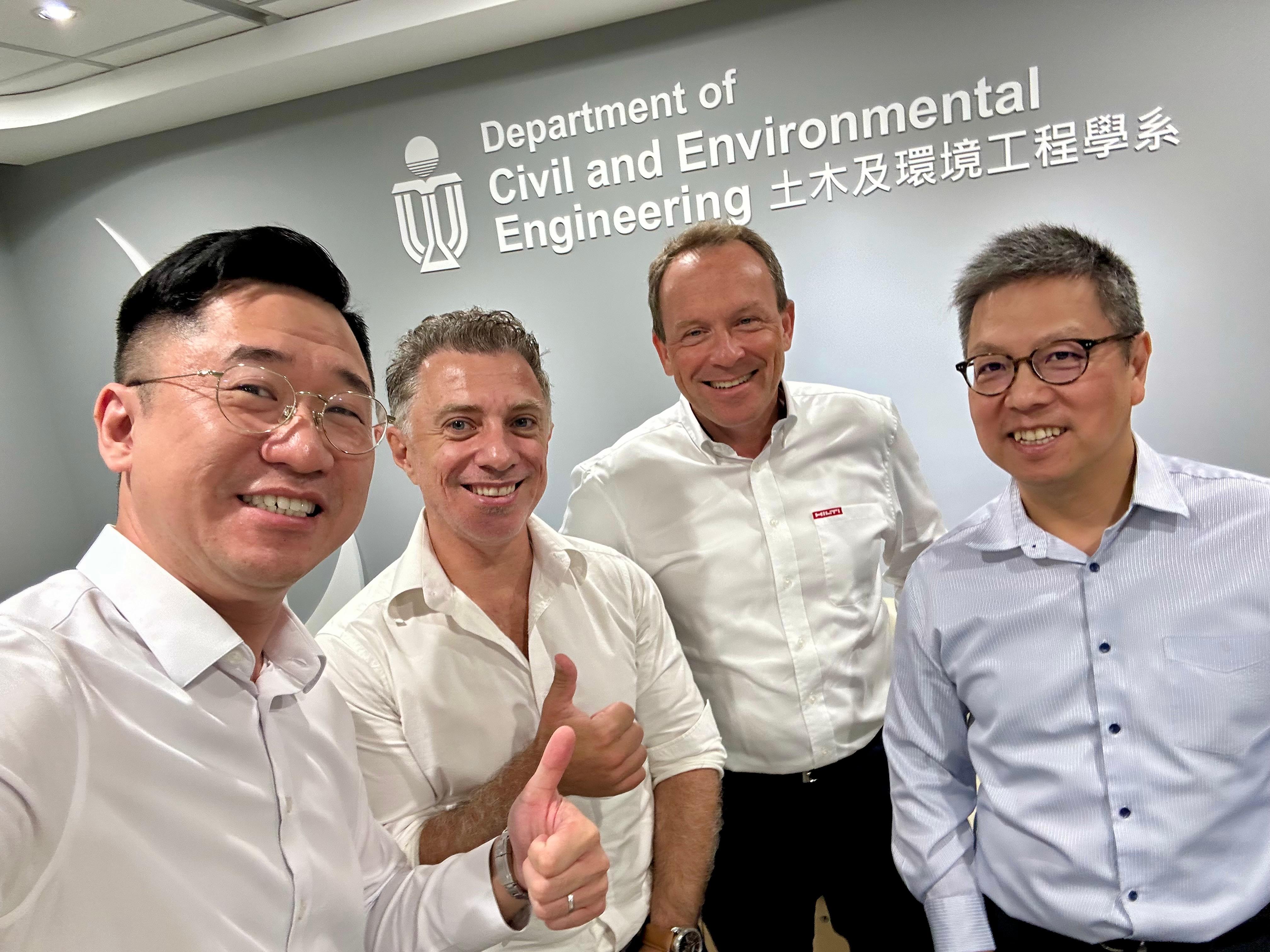 Meeting in 2024 lined up by Michael (first left) with Hilti Group Chairman Christoph Loos (second right), Prof. Hong K. Lo, HKUST Dean of Engineering and Chair Professor of Civil and Environmental Engineering (first right) and Prof. Ilias Dimitrakopoulos, Professor of Civil and Environmental Engineering (second left).