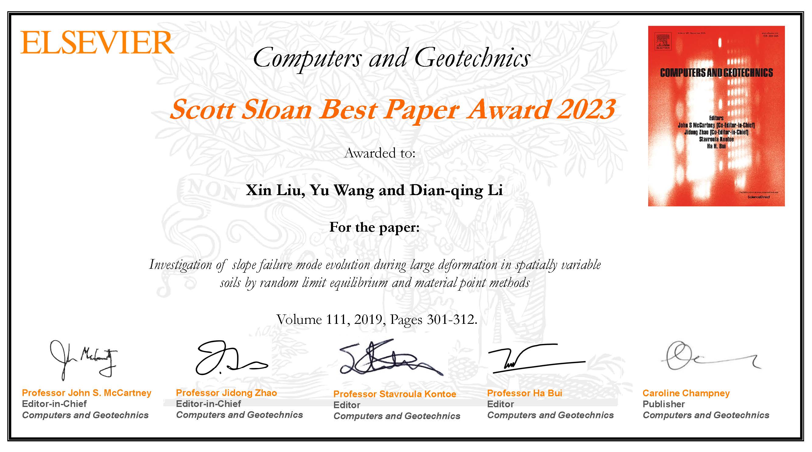 2023 Scott Sloan Best Paper Award Certificate
