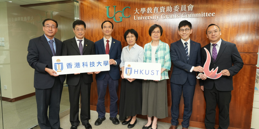 (HKUST researchers, from left) Prof. Zhang Xiangru, Professor of Department of Civil and Environmental Engineering; Prof. Bu Guojun, Head and Chair Professor of Division of Life Science; Prof. Jimmy Fung Chi-Hung, Associate Provost (Teaching & Learning), Chair Professor of Department of Mathematics and Division of Environment & Sustainability; Prof. Yu Jianzhen, Head of Department of Chemistry and Chair Professor of Division of Environment & Sustainability; Prof. Wang Jiannong, Head and Chair Professor of Department of Physics; Prof. Adrian Po Hoi-Chun, Assistant Professor of Department of Physics; and Prof. Xie Yuan, Chair Professor of Department of Electronic and Computer Engineering, present their respective research projects in RGC’s media briefing.